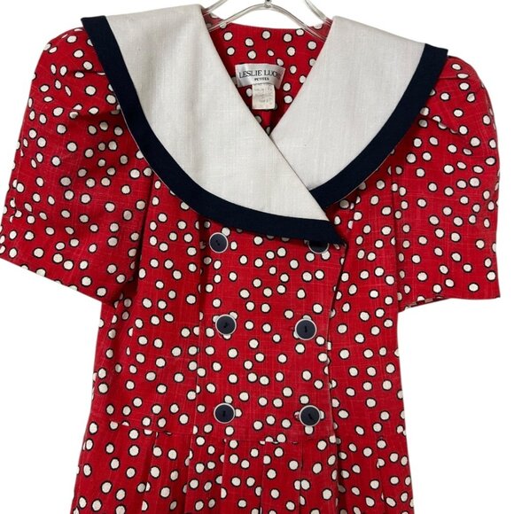 Vintage Leslie Lucks Petites  Short Sleeve Red Polka Dot Dress‎ - Size 2 - Picture 3 of 7